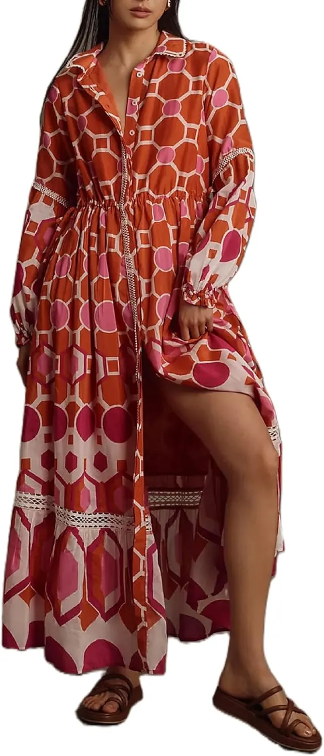 Women Graphic Puff Sleeve Maxi Dress Graffeti Button Down Shirt Dress Vintage Boho Floral Flowy Long Dress