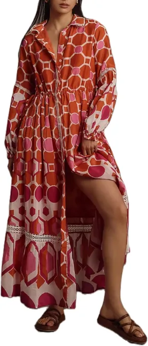 Women Graphic Puff Sleeve Maxi Dress Graffeti Button Down Shirt Dress Vintage Boho Floral Flowy Long Dress