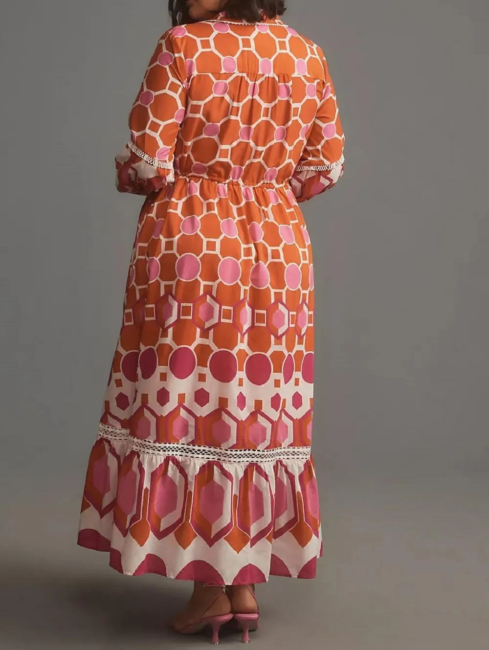 Women Graphic Puff Sleeve Maxi Dress Graffeti Button Down Shirt Dress Vintage Boho Floral Flowy Long Dress