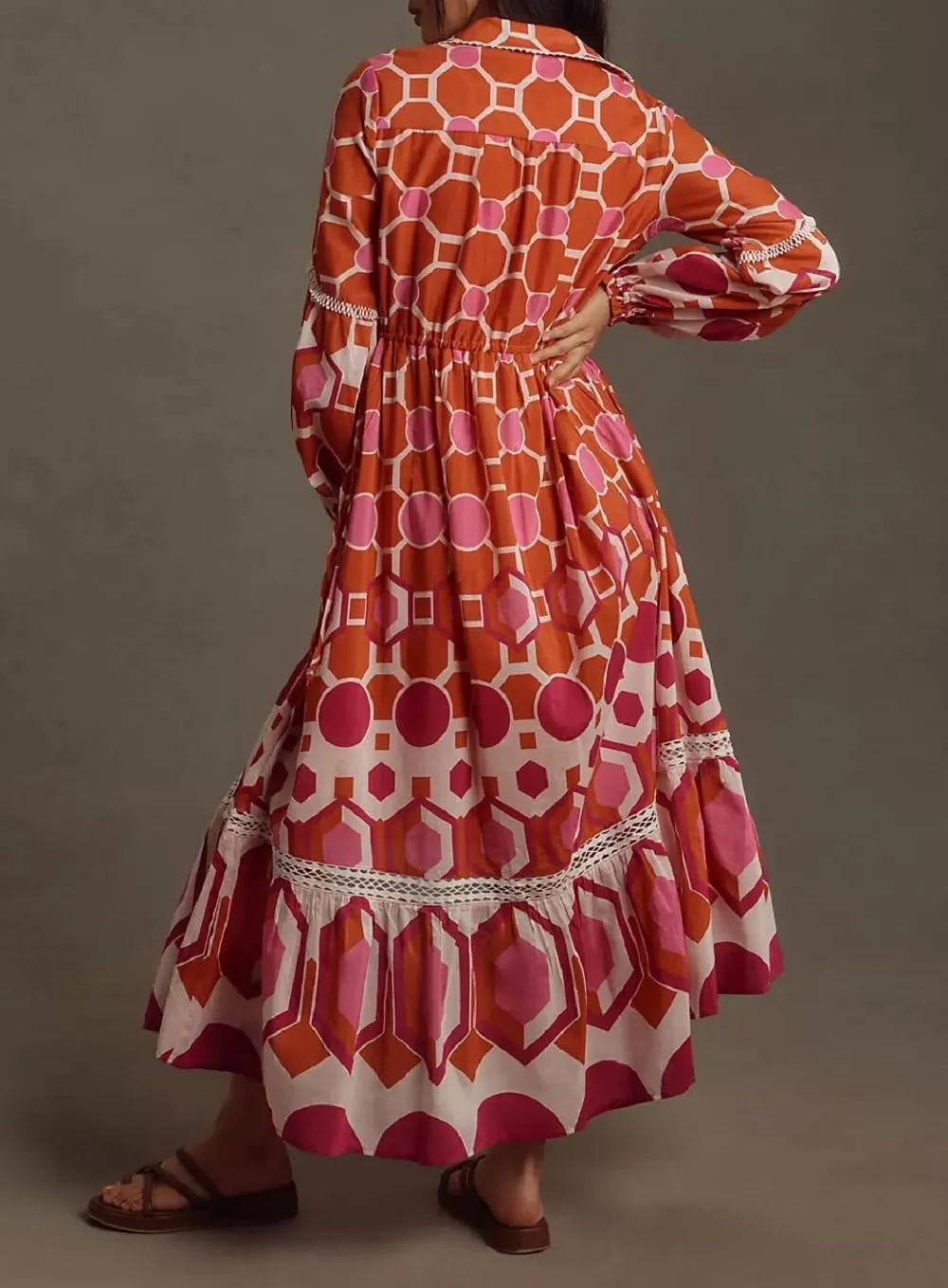 Women Graphic Puff Sleeve Maxi Dress Graffeti Button Down Shirt Dress Vintage Boho Floral Flowy Long Dress