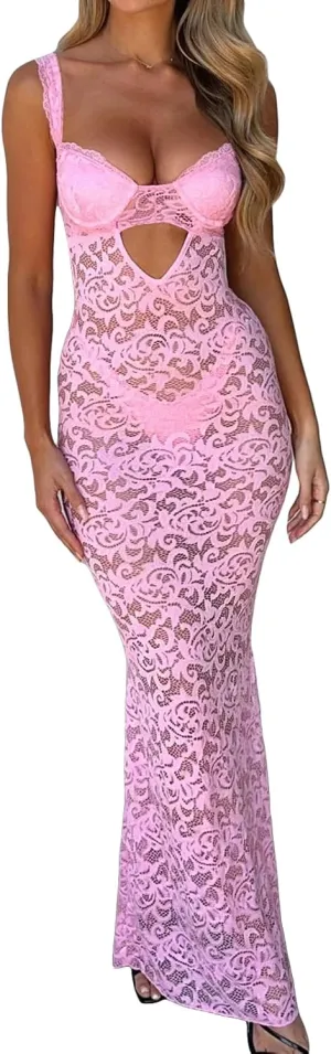 Women Sexy Lace Floral Fitted Dress Sleeveless Spaghetti Strap See Through Maxi Dress Cocktail Evening Party Dress