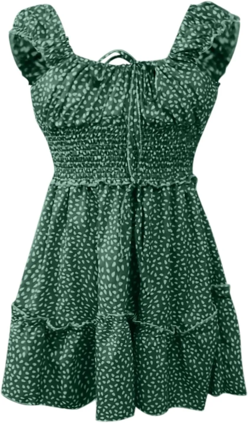 Women Sexy Square Neck Dresses Ruffle Short Sleeve Elegant Cute Dress Waisted Pleated Midi 2025 Casual Sundress