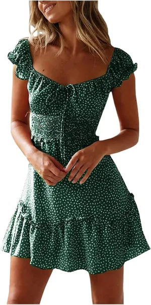 Women Sexy Square Neck Dresses Ruffle Short Sleeve Elegant Cute Dress Waisted Pleated Midi 2025 Casual Sundress