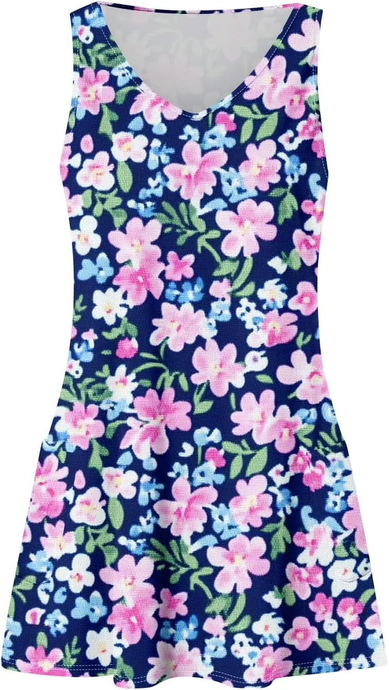 Women Summer Dresses Printed Beach Swimsuit Coverup Casual Sleeveless Dress with Pocket Vacation V Neck Sundress
