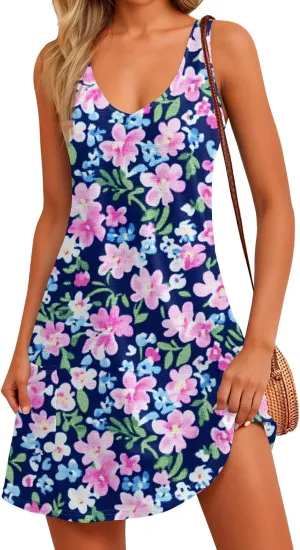 Women Summer Dresses Printed Beach Swimsuit Coverup Casual Sleeveless Dress with Pocket Vacation V Neck Sundress