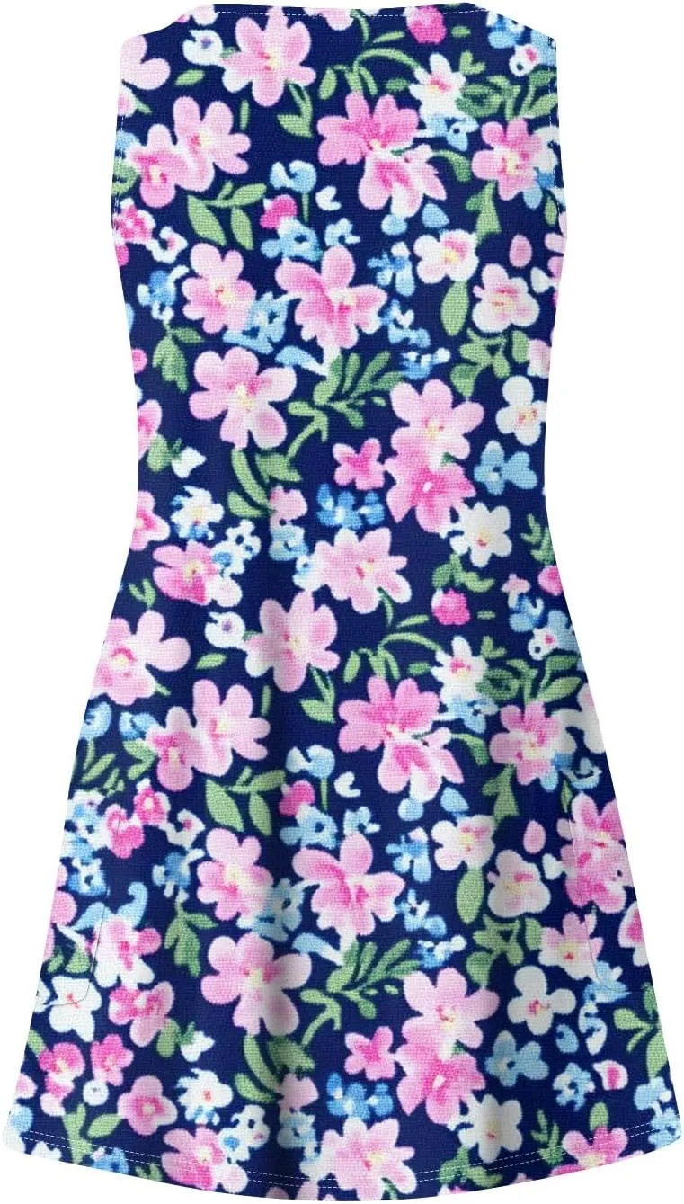 Women Summer Dresses Printed Beach Swimsuit Coverup Casual Sleeveless Dress with Pocket Vacation V Neck Sundress