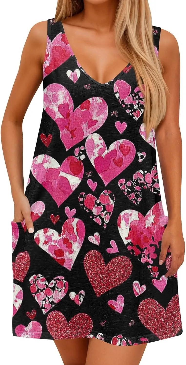 Women Summer Dresses Sleeveless V Neck Swimsuit Coverup Vacation Casual Sundress Printed Beach Dress with Pocket