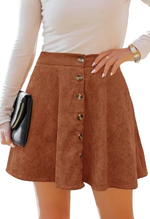 Womens Button Front Mini Skirt A-line Pleated Corduroy Skater Skirts for Women with Pocket