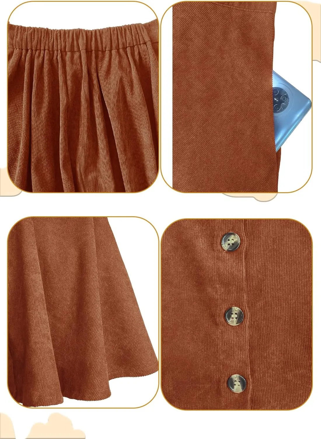Womens Button Front Mini Skirt A-line Pleated Corduroy Skater Skirts for Women with Pocket
