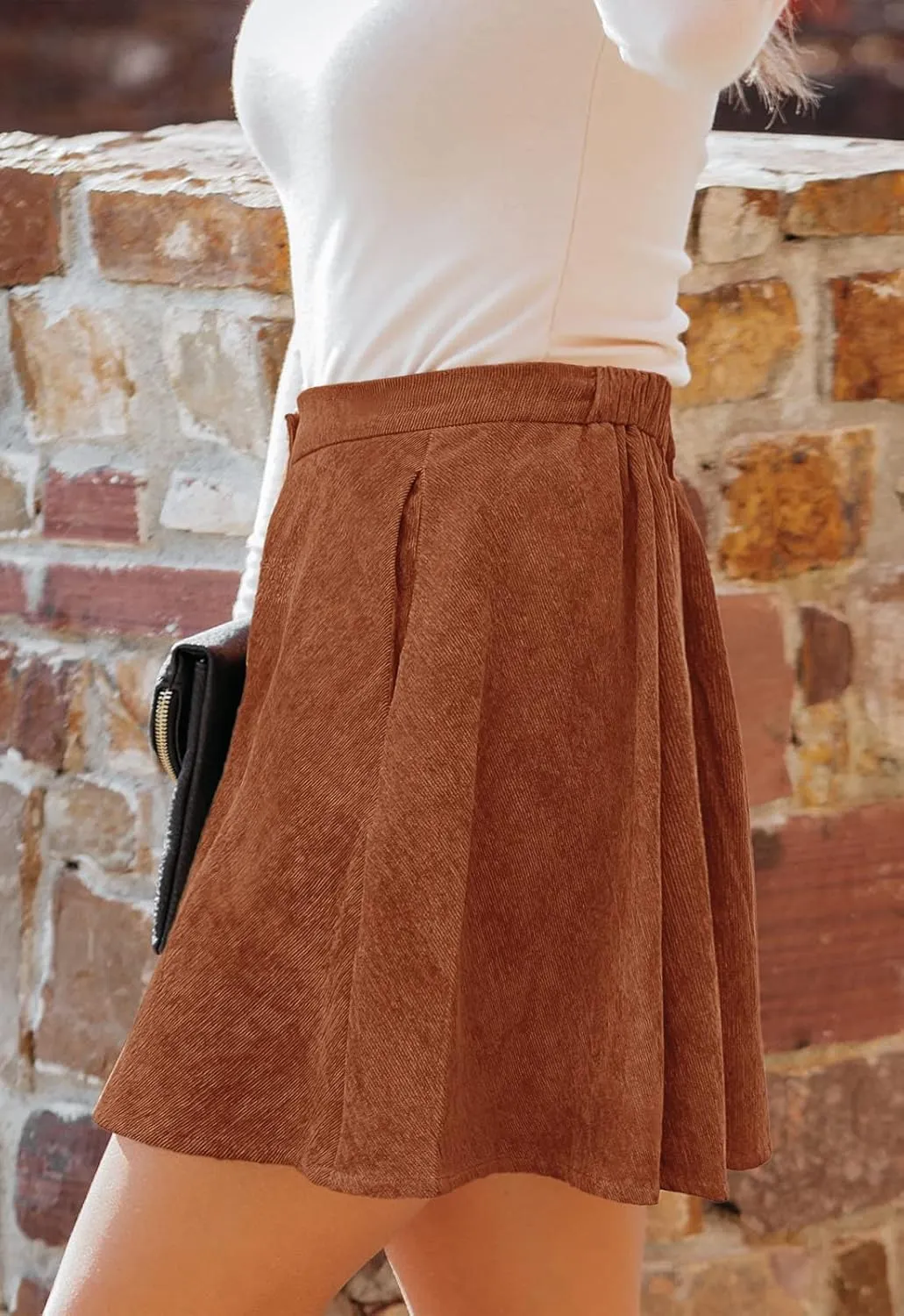 Womens Button Front Mini Skirt A-line Pleated Corduroy Skater Skirts for Women with Pocket