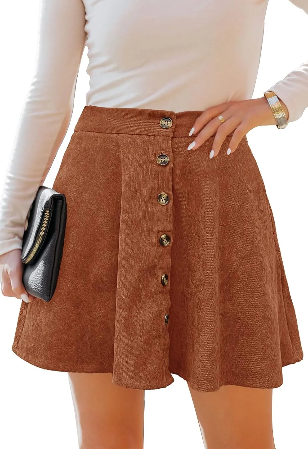 Womens Button Front Mini Skirt A-line Pleated Corduroy Skater Skirts for Women with Pocket