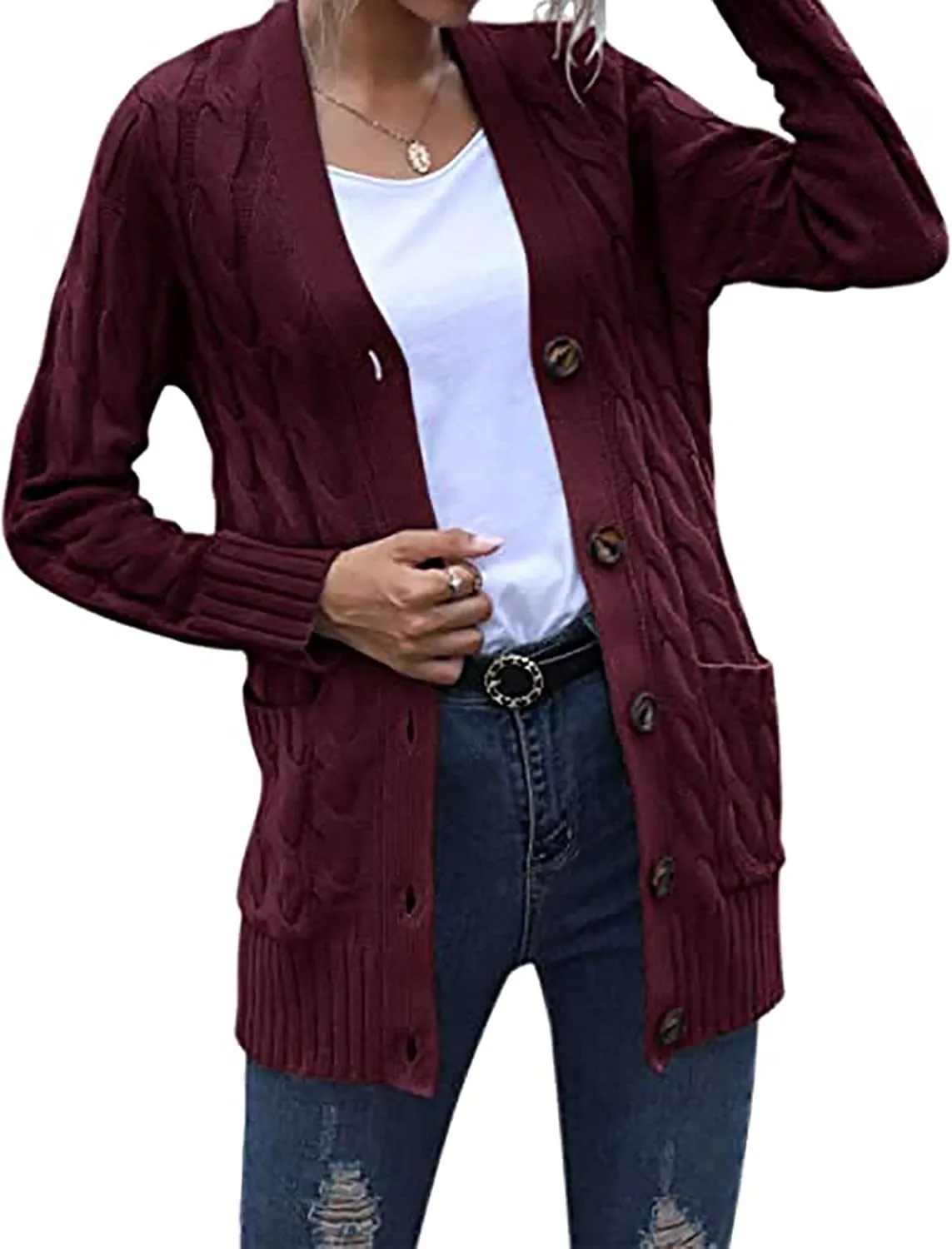 Womens Cable Knit Cotton Cardigan Sweaters Button V Neck Open Front Midi Sweater Jacket Winter Chunky Sweater Coat