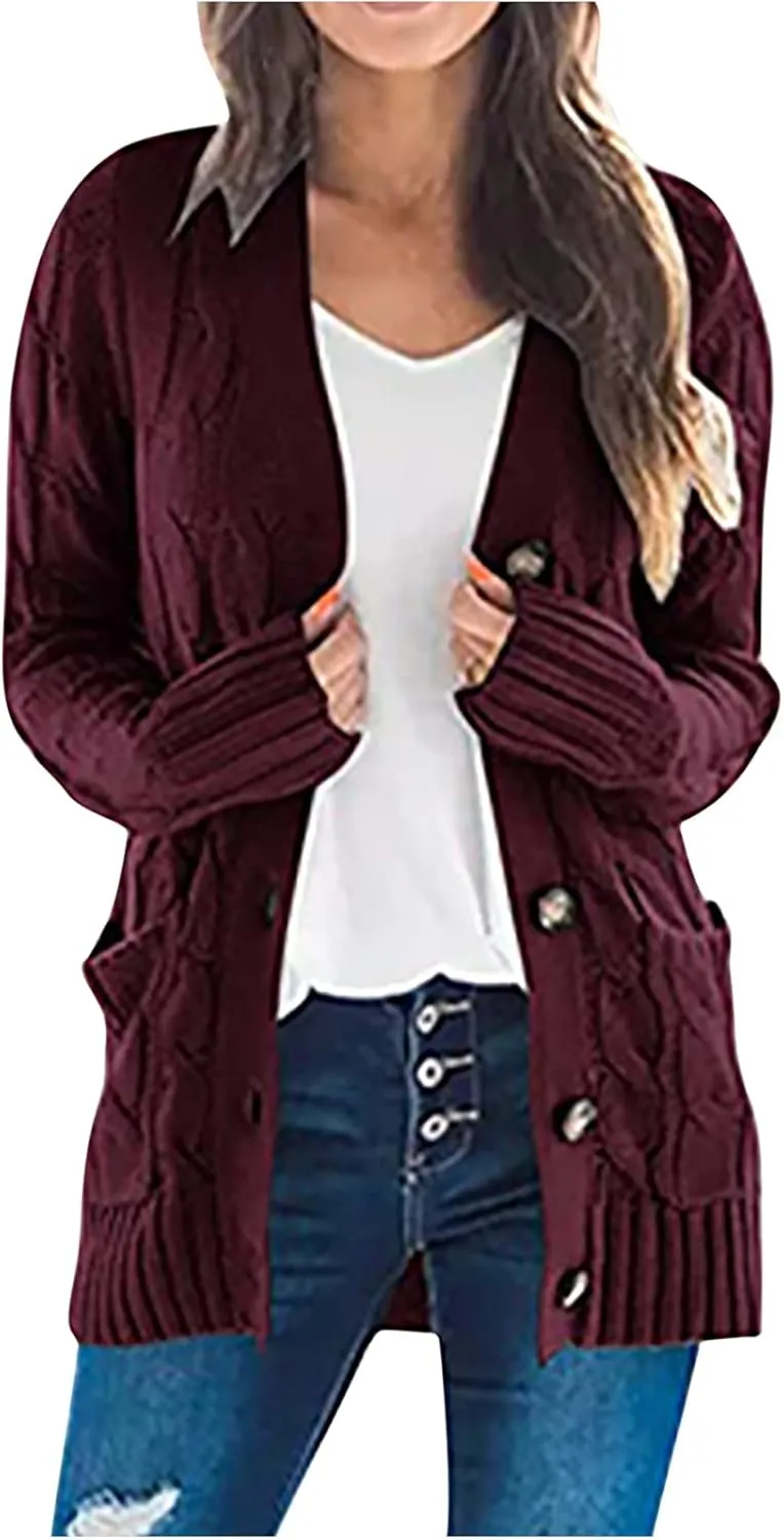 Womens Cable Knit Cotton Cardigan Sweaters Button V Neck Open Front Midi Sweater Jacket Winter Chunky Sweater Coat