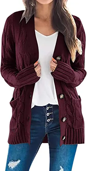 Womens Cable Knit Cotton Cardigan Sweaters Button V Neck Open Front Midi Sweater Jacket Winter Chunky Sweater Coat