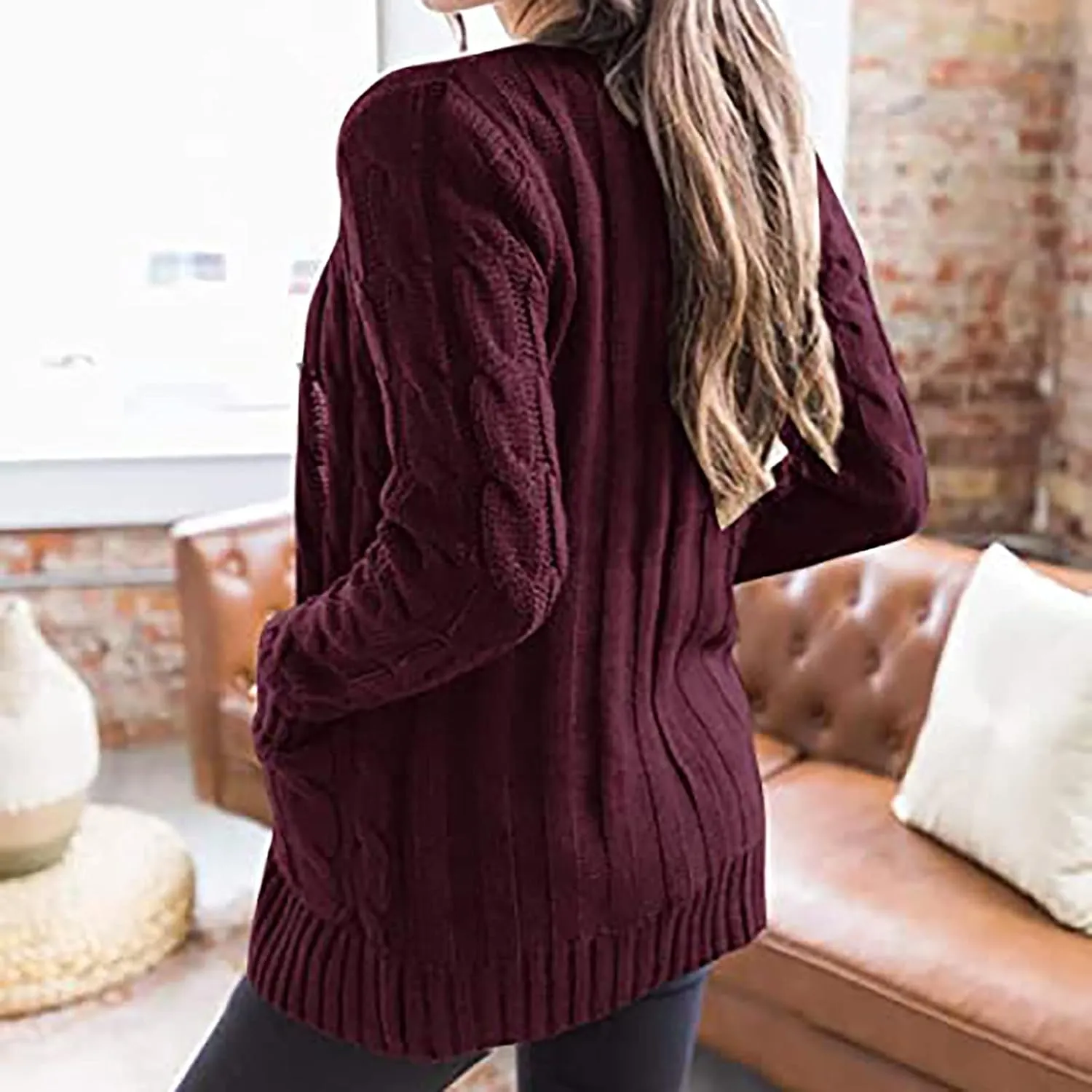 Womens Cable Knit Cotton Cardigan Sweaters Button V Neck Open Front Midi Sweater Jacket Winter Chunky Sweater Coat
