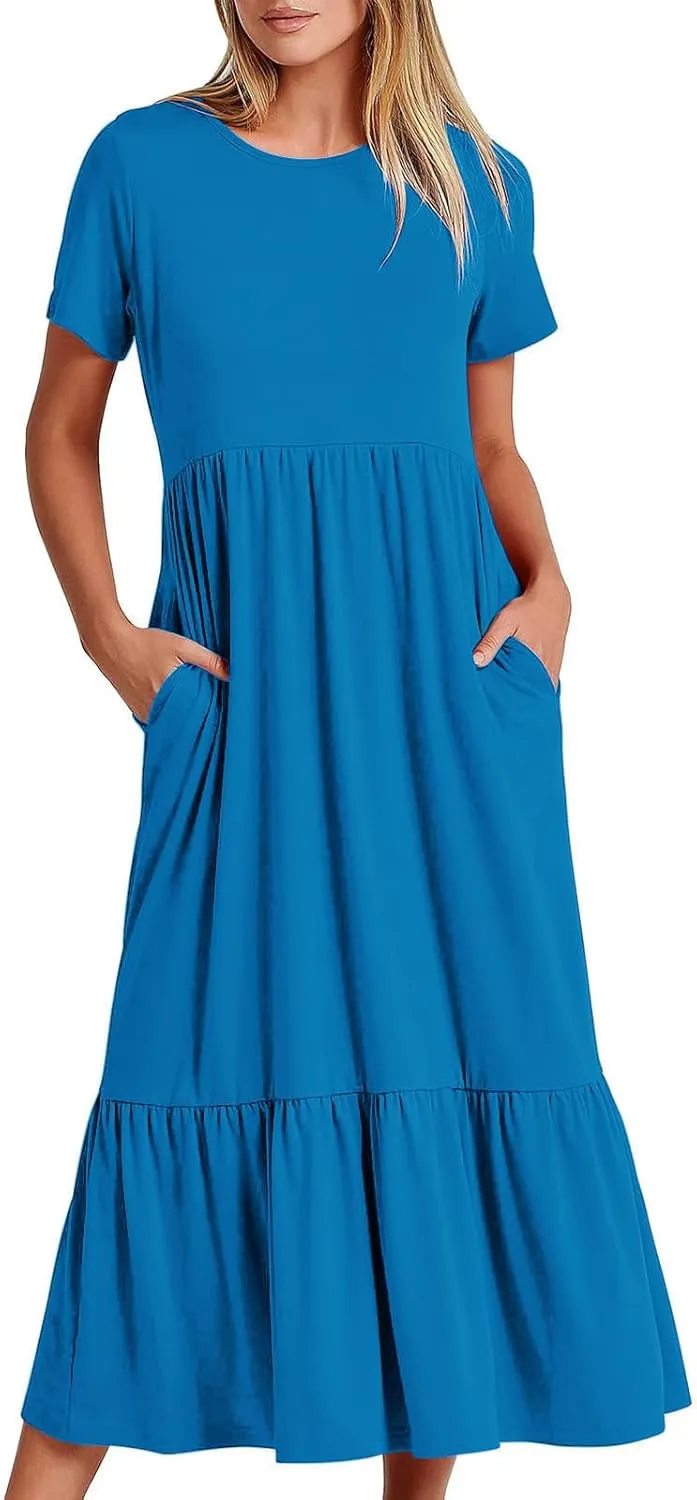 Women's Casual Summer Dresses Puff Sleeve Elegant Wrap Smocked Waist Sundresses Cozy Tiered A-Line Tea Dress for Ladies