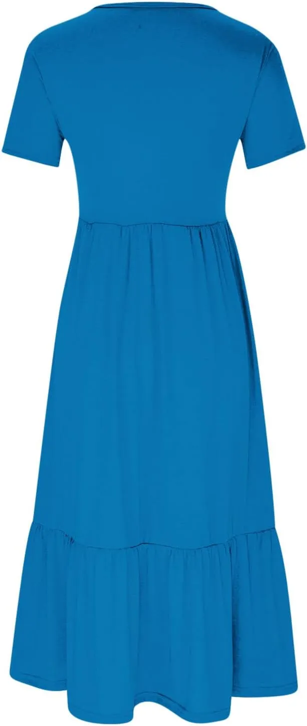 Women's Casual Summer Dresses Puff Sleeve Elegant Wrap Smocked Waist Sundresses Cozy Tiered A-Line Tea Dress for Ladies
