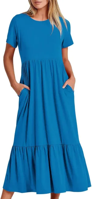 Women's Casual Summer Dresses Puff Sleeve Elegant Wrap Smocked Waist Sundresses Cozy Tiered A-Line Tea Dress for Ladies