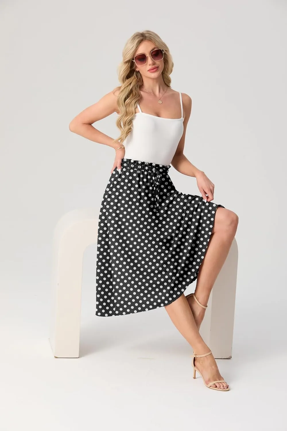 Womens Causal High Waisted Summer Midi Skirts Flowy Palazzo A-Line Long Skirt with Pockets