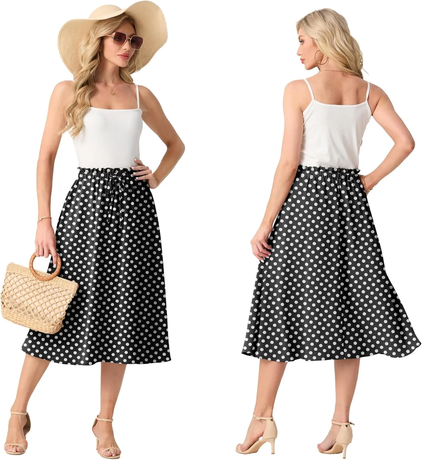 Womens Causal High Waisted Summer Midi Skirts Flowy Palazzo A-Line Long Skirt with Pockets