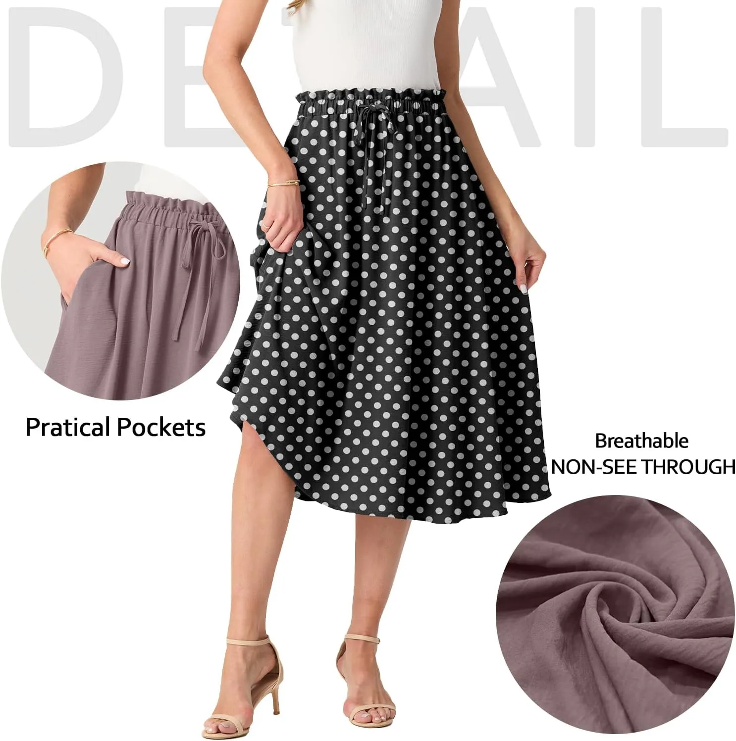 Womens Causal High Waisted Summer Midi Skirts Flowy Palazzo A-Line Long Skirt with Pockets