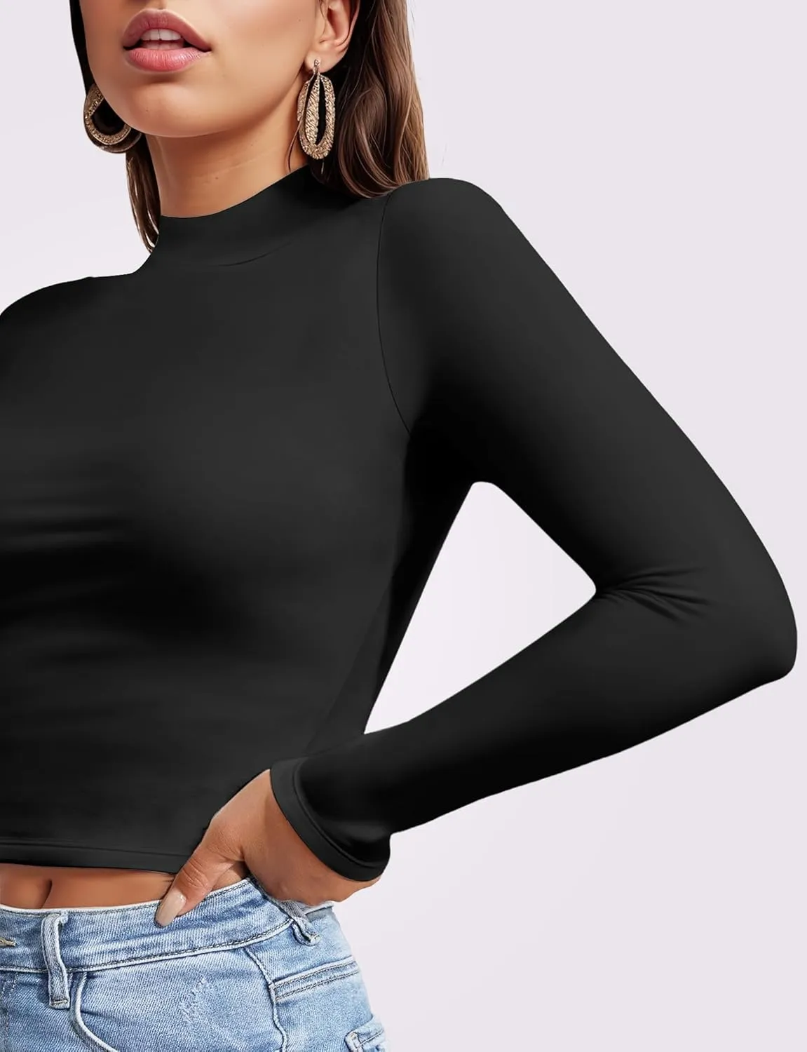 Womens Long Sleeve Crop Top Mock Turtleneck Sexy Slim Fitted Casual Base Layer Lightweight Soft Shirt Going Out Teen Sexy Top
