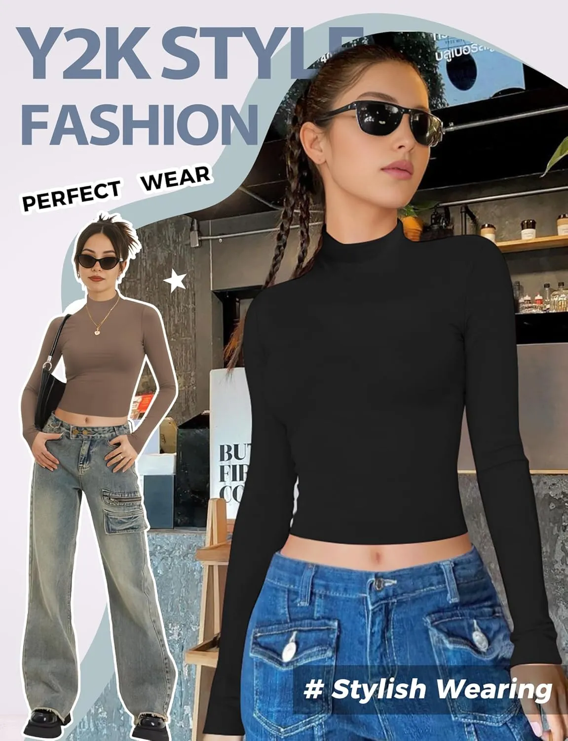 Womens Long Sleeve Crop Top Mock Turtleneck Sexy Slim Fitted Casual Base Layer Lightweight Soft Shirt Going Out Teen Sexy Top