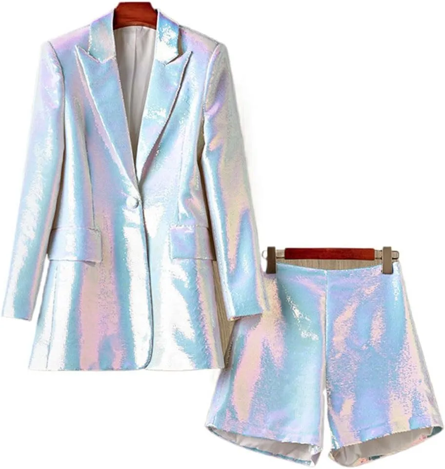 Womens Sequins Blazer Shorts Suit Set 2 PC Single Breasted Womens Glitter Suit Notch Lapel Prom Party Suit