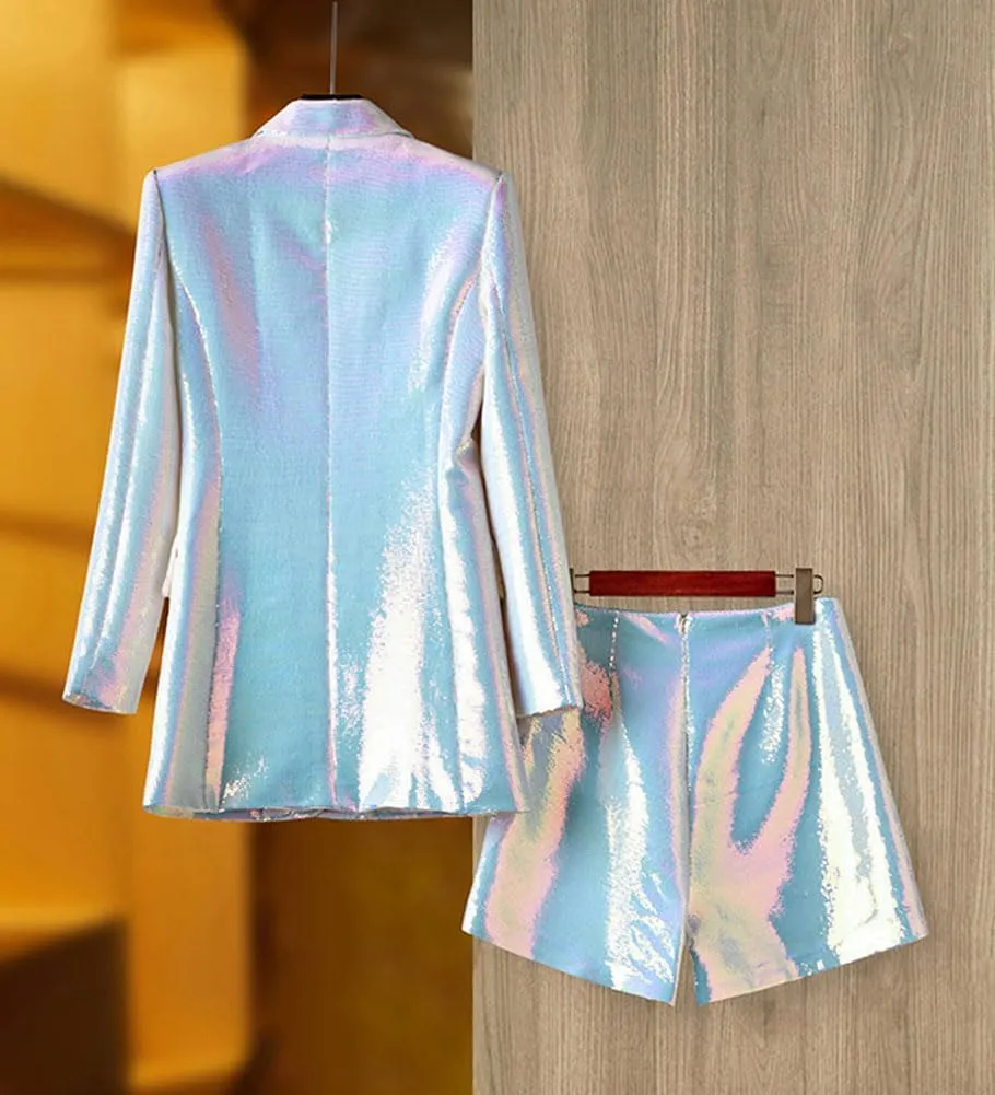 Womens Sequins Blazer Shorts Suit Set 2 PC Single Breasted Womens Glitter Suit Notch Lapel Prom Party Suit