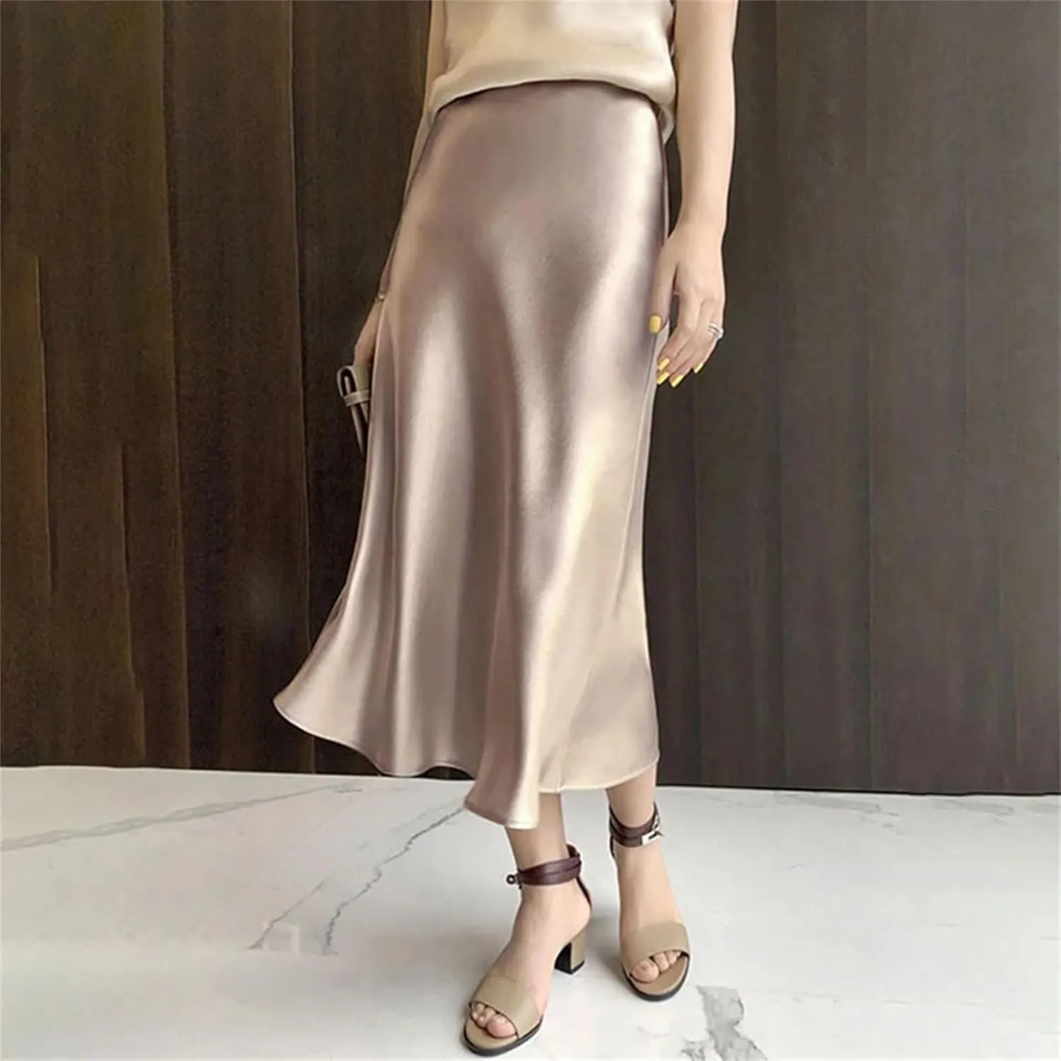Women's Silk Satin Skirts, High Waisted, A-Line Elegant Midi