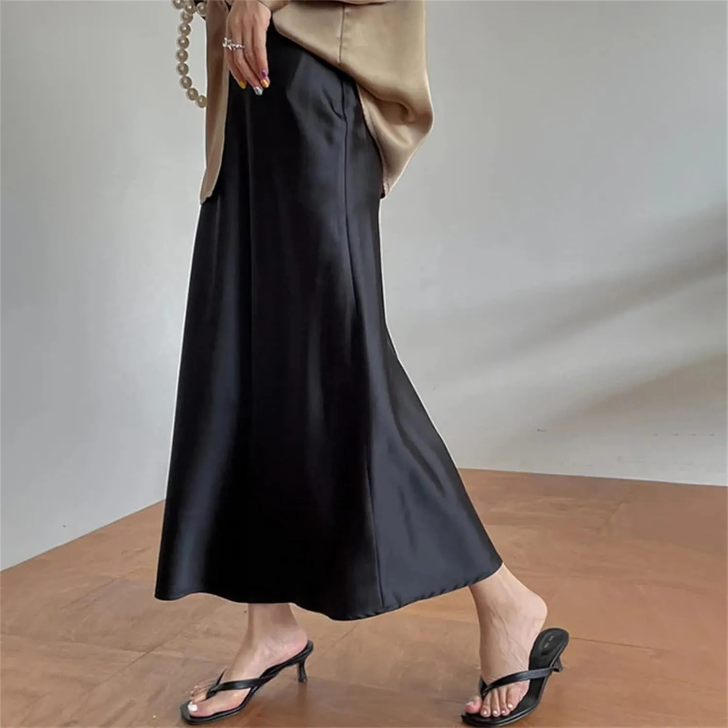 Women's Silk Satin Skirts, High Waisted, A-Line Elegant Midi