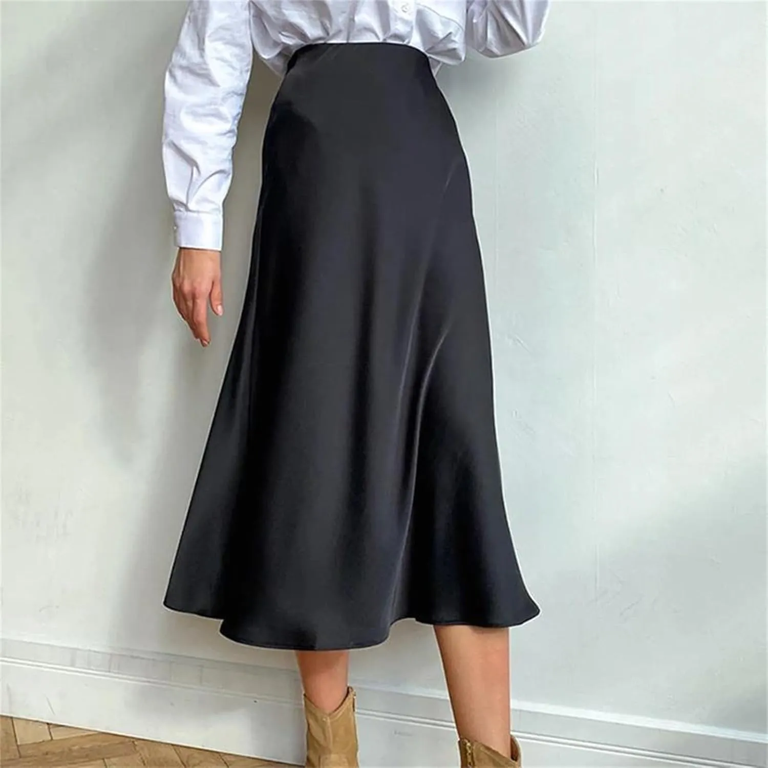 Women's Silk Satin Skirts, High Waisted, A-Line Elegant Midi