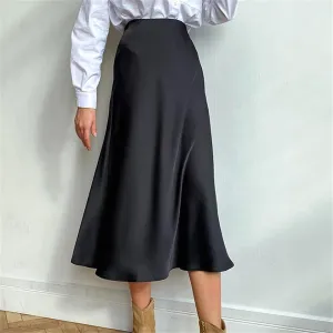 Women's Silk Satin Skirts, High Waisted, A-Line Elegant Midi