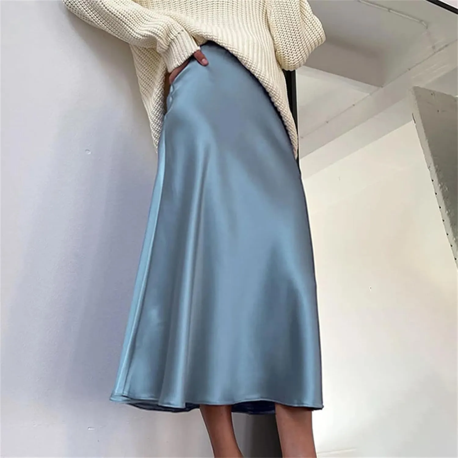 Women's Silk Satin Skirts, High Waisted, A-Line Elegant Midi