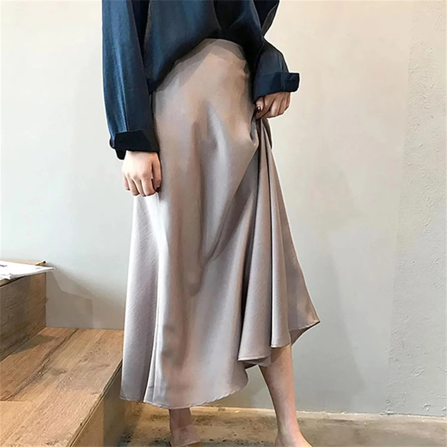 Women's Silk Satin Skirts, High Waisted, A-Line Elegant Midi