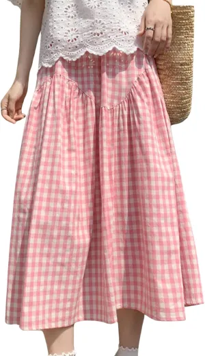 Women's Summer High Waist Plaid Gingham Skirt Casual Swing A Line Midi Skirt