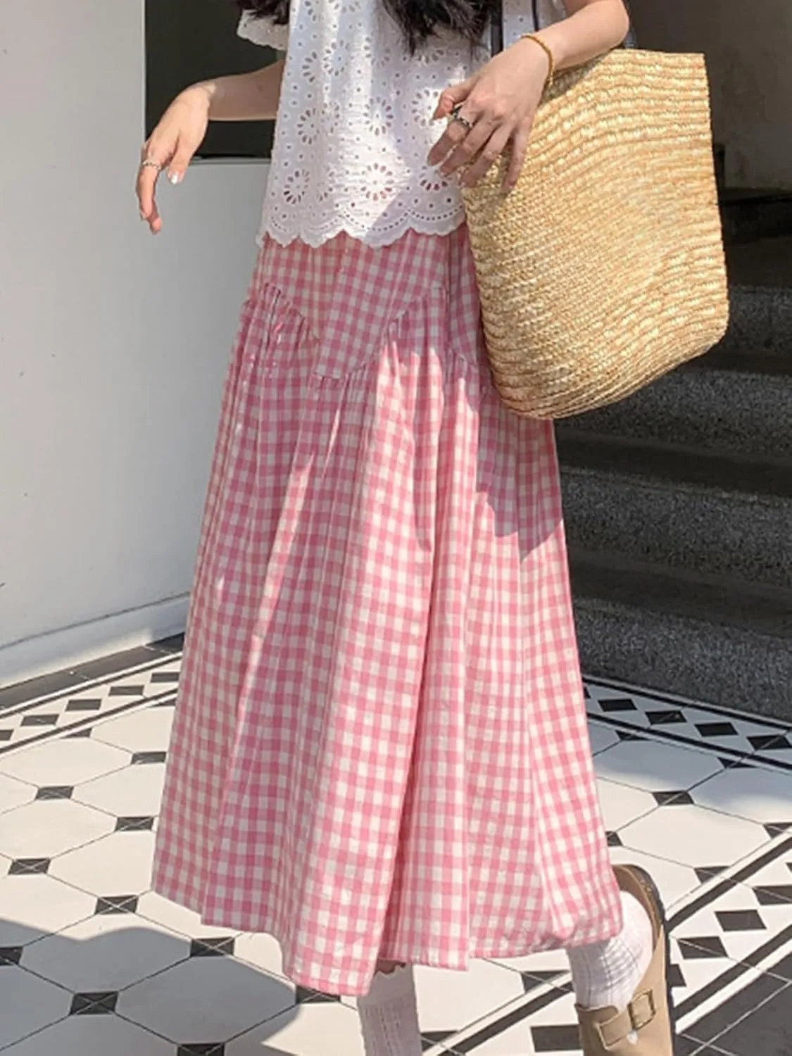 Women's Summer High Waist Plaid Gingham Skirt Casual Swing A Line Midi Skirt