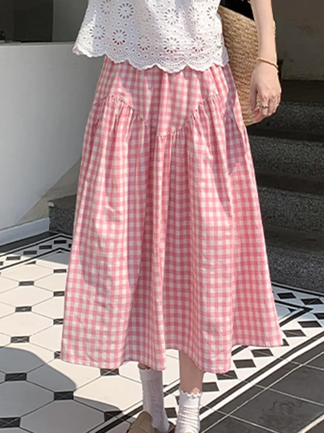 Women's Summer High Waist Plaid Gingham Skirt Casual Swing A Line Midi Skirt