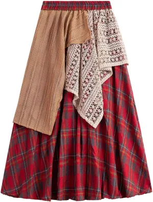 Women's Vintage Plaid Midi Skirt Casual Stretchy A-line High Waist Skirt