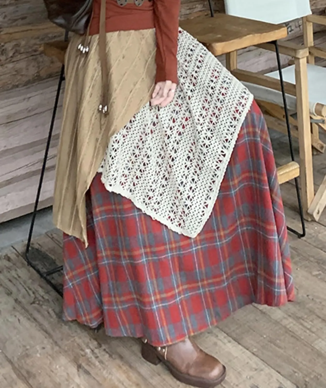 Women's Vintage Plaid Midi Skirt Casual Stretchy A-line High Waist Skirt