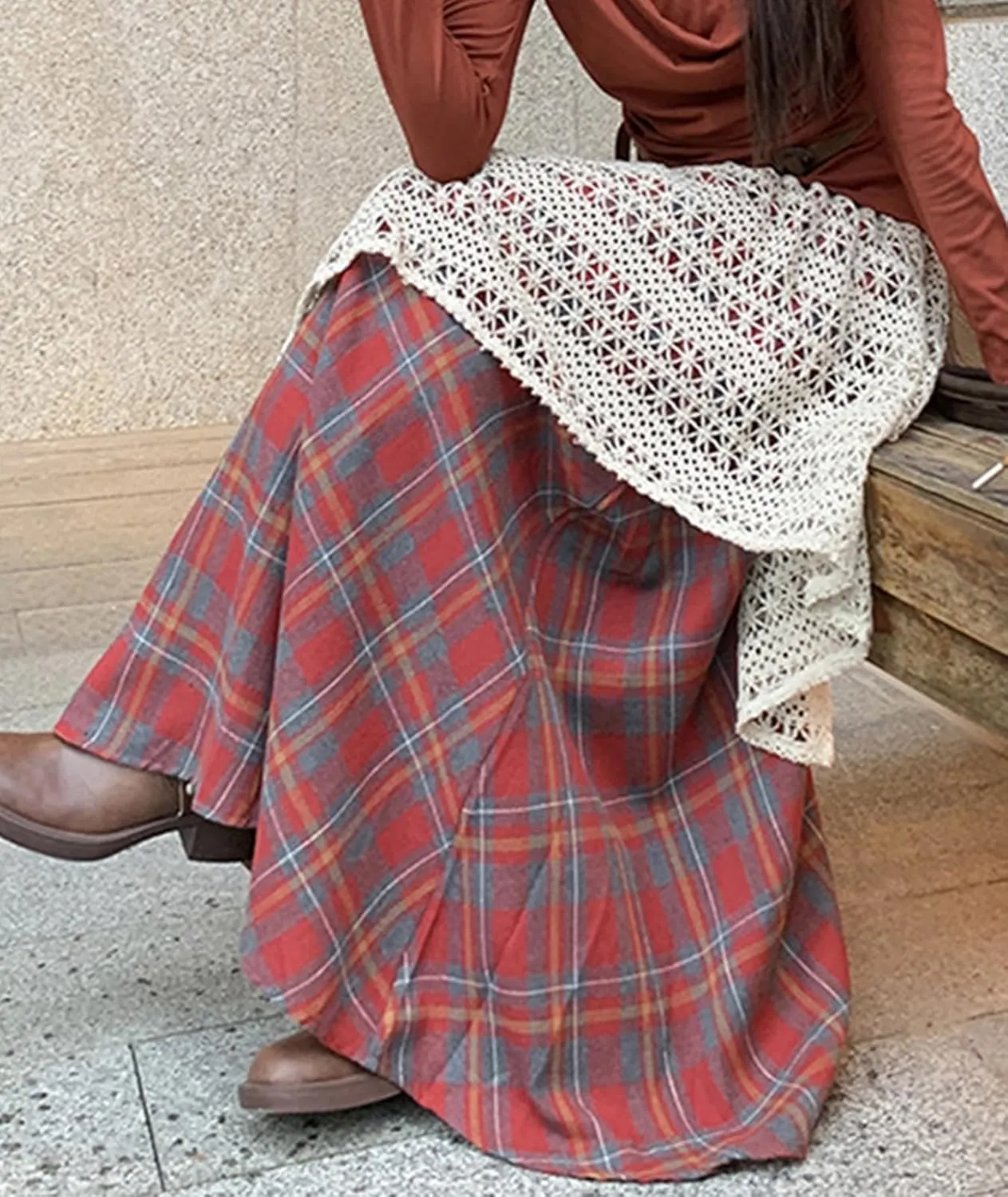 Women's Vintage Plaid Midi Skirt Casual Stretchy A-line High Waist Skirt