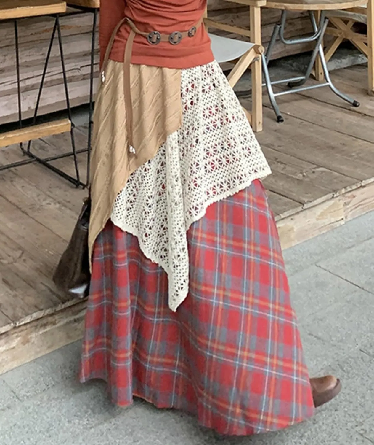 Women's Vintage Plaid Midi Skirt Casual Stretchy A-line High Waist Skirt