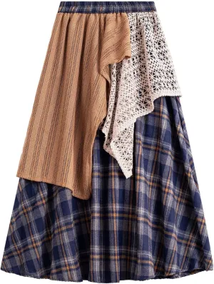 Women's Vintage Plaid Midi Skirt Casual Stretchy A-line High Waist Skirt