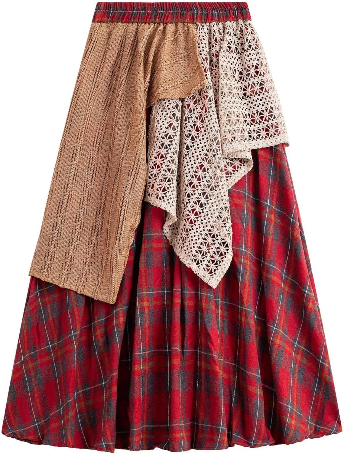 Women's Vintage Plaid Midi Skirt Casual Stretchy A-line High Waist Skirt