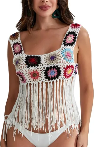 X-Small Size & Small Size Womens Crochet Tank Top Knit Colorful Floral Embroidery Summer Boho Camisole Hollow Out Top