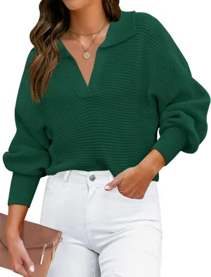 ZESICA Women's Fall Lapel Collar V Neck Long Sleeve Ribbed Knit Comfy Loose Casual Pullover Sweater Jumper Top