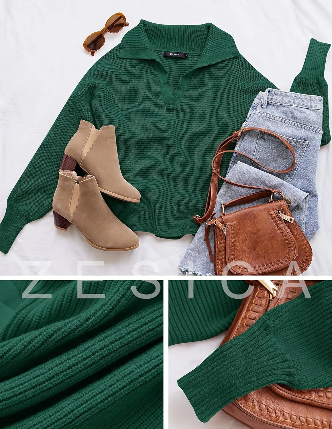ZESICA Women's Fall Lapel Collar V Neck Long Sleeve Ribbed Knit Comfy Loose Casual Pullover Sweater Jumper Top