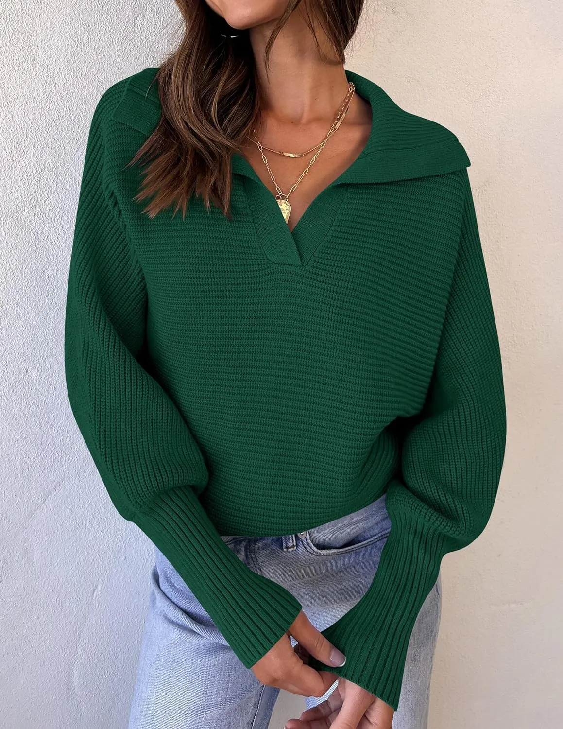 ZESICA Women's Fall Lapel Collar V Neck Long Sleeve Ribbed Knit Comfy Loose Casual Pullover Sweater Jumper Top