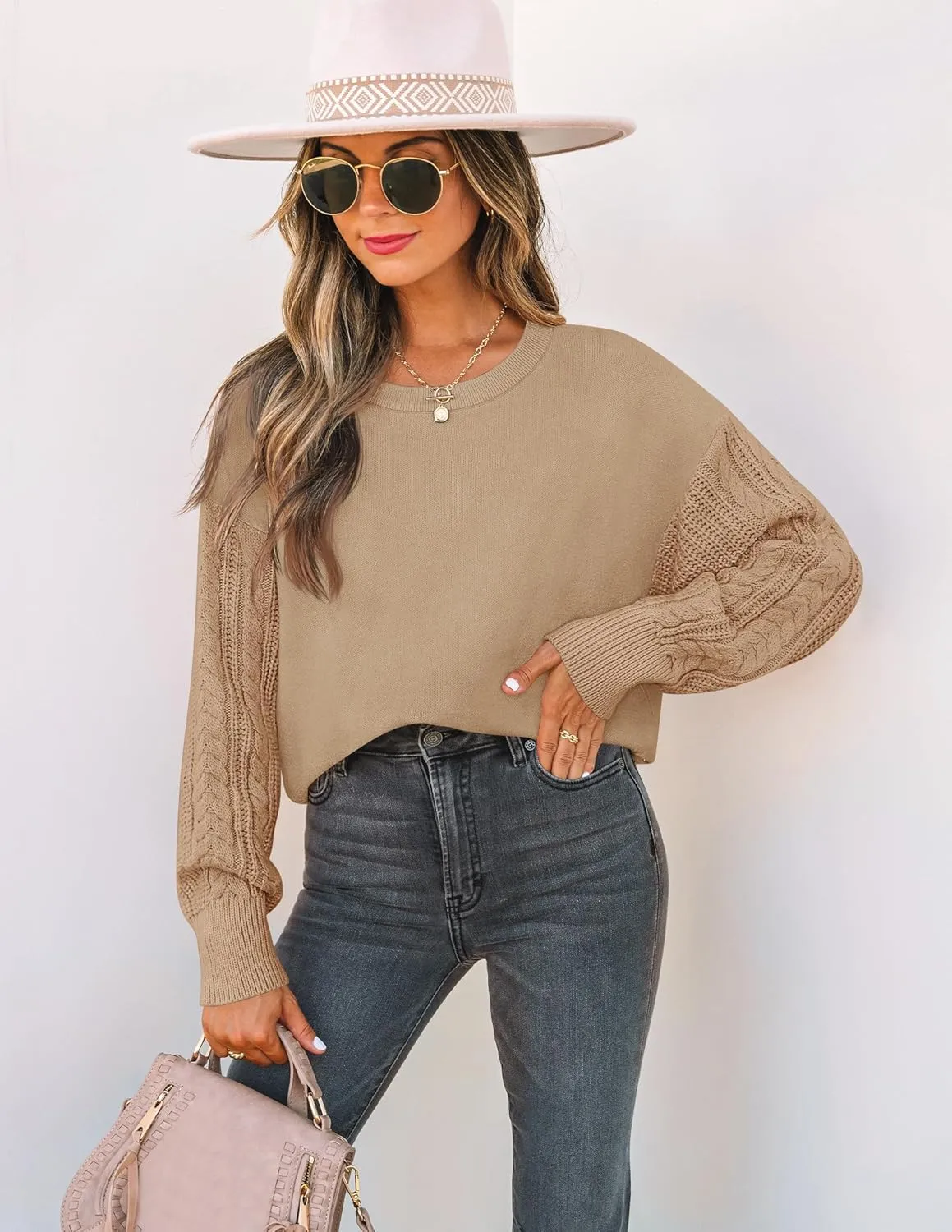 ZESICA Women's Fall Long Sleeve Crew Neck Solid Color Cable Knit Chunky Casual Oversized Pullover Sweater Tops