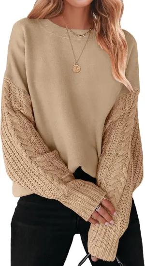 ZESICA Women's Fall Long Sleeve Crew Neck Solid Color Cable Knit Chunky Casual Oversized Pullover Sweater Tops
